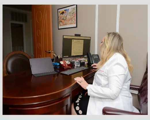 Dr. Marina Gafanovich at her desk in the Upper East Side office, 1550 York Avenue